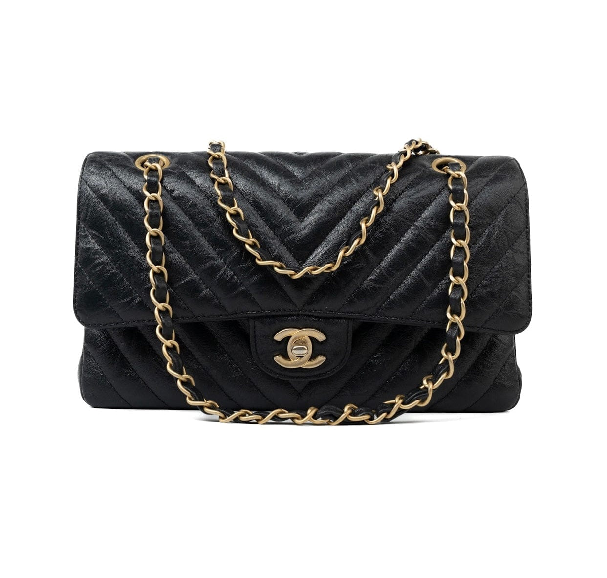 CHANEL Handbag Black 18B Metallic Black Crumpled Calfskin Chevron Classic Flap Medium Aged Gold Hardware -Knockoff
