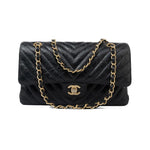 CHANEL Handbag Black 18B Metallic Black Crumpled Calfskin Chevron Classic Flap Medium Aged Gold Hardware -Knockoff
