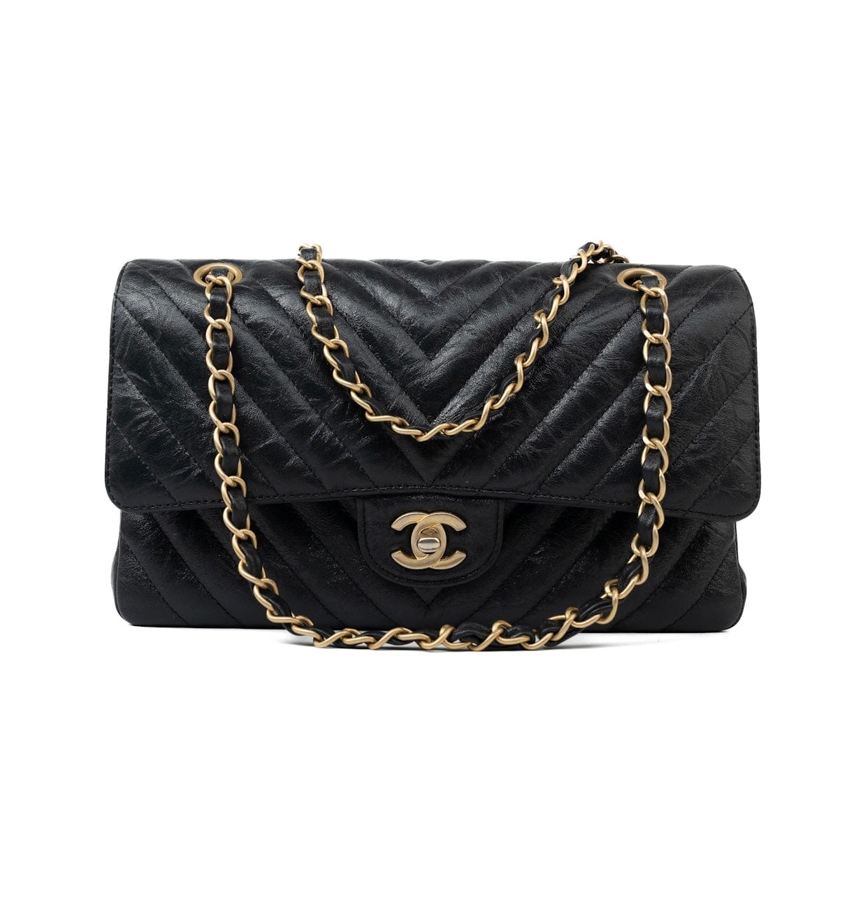 CHANEL Handbag Black 18B Metallic Black Crumpled Calfskin Chevron Classic Flap Medium Aged Gold Hardware -Knockoff
