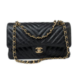 CHANEL Handbag Black 18B Metallic Black Crumpled Calfskin Chevron Classic Flap Medium Aged Gold Hardware -Knockoff
