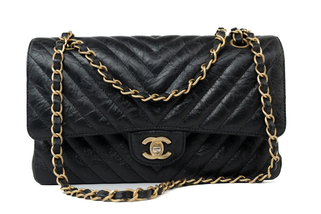 CHANEL Handbag Black 18B Metallic Black Crumpled Calfskin Chevron Classic Flap Medium Aged Gold Hardware -Knockoff
