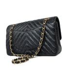 CHANEL Handbag Black 18B Metallic Black Crumpled Calfskin Chevron Classic Flap Medium Aged Gold Hardware -Knockoff
