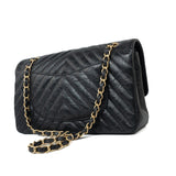 CHANEL Handbag Black 18B Metallic Black Crumpled Calfskin Chevron Classic Flap Medium Aged Gold Hardware -Knockoff
