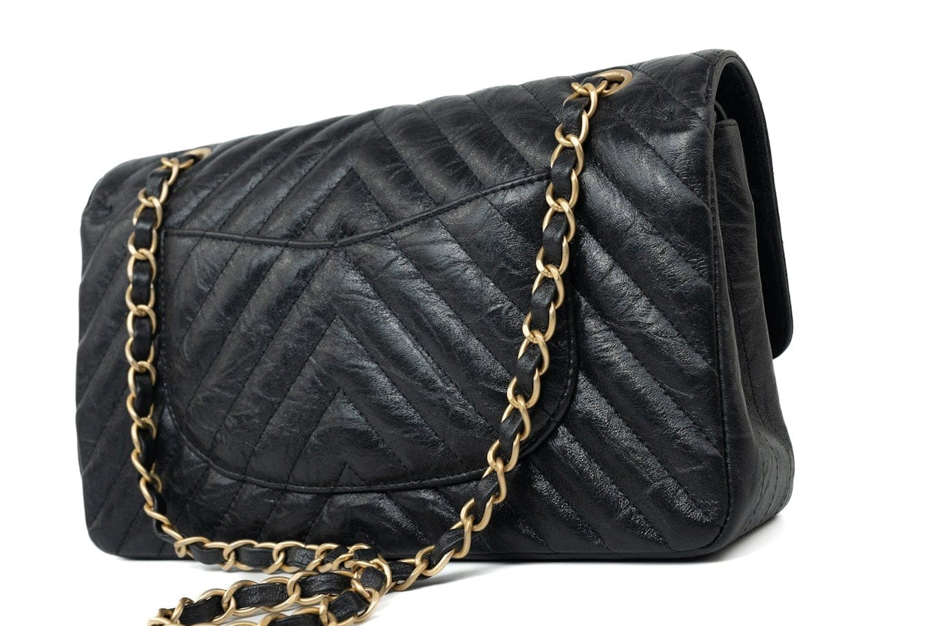 CHANEL Handbag Black 18B Metallic Black Crumpled Calfskin Chevron Classic Flap Medium Aged Gold Hardware -Knockoff
