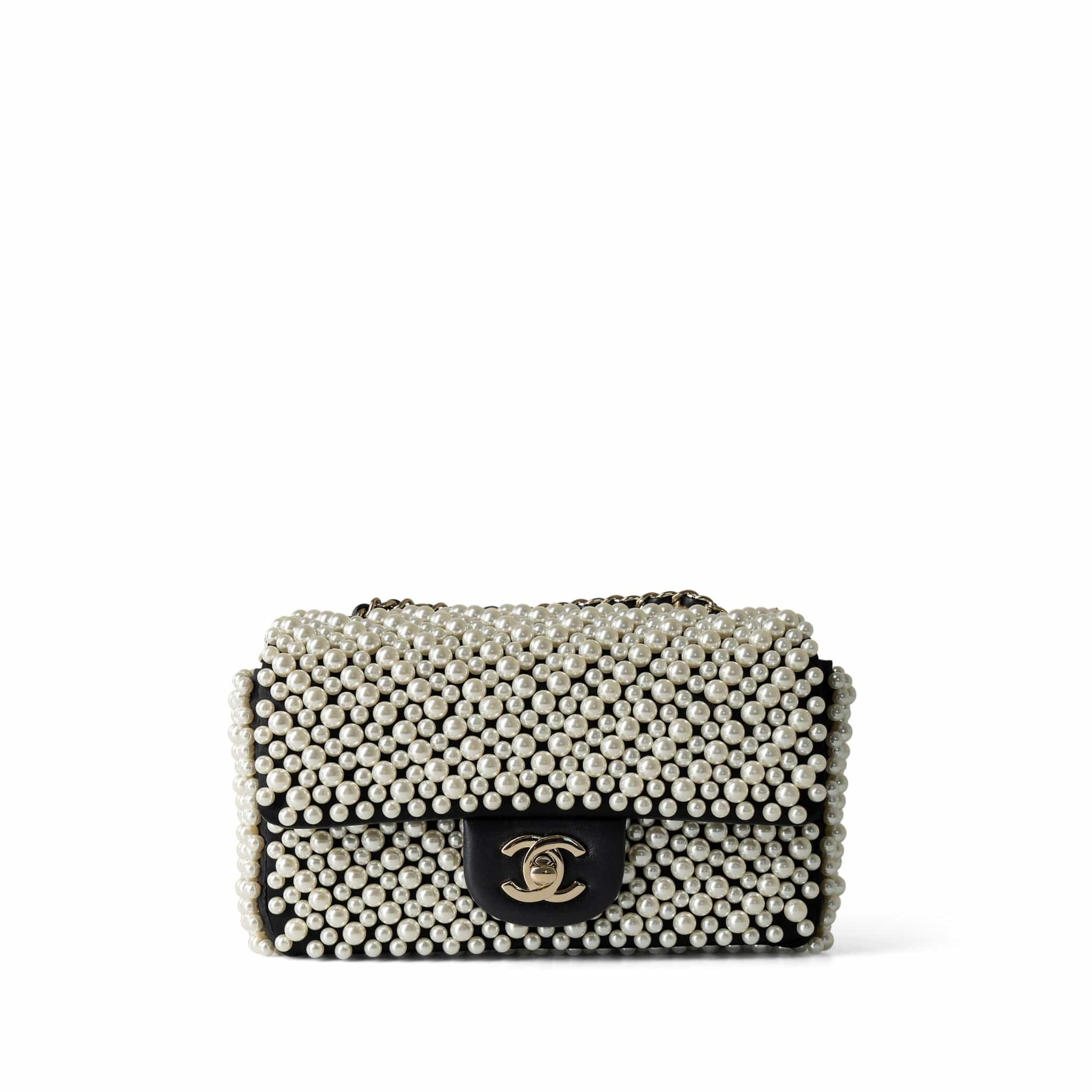 CHANEL Handbag Black 19S Pearl On Flap Mini Rectangular Bag Light Gold Hardware -Knockoff
