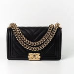 CHANEL Handbag Black 19S Shiny Black Caviar Chevron Boy Bag Medium Champagne Gold Hardware -Knockoff
