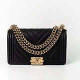 CHANEL Handbag Black 19S Shiny Black Caviar Chevron Boy Bag Medium Champagne Gold Hardware -Knockoff
