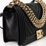 CHANEL Handbag Black 19S Shiny Black Caviar Chevron Boy Bag Medium Champagne Gold Hardware -Knockoff
