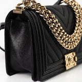 CHANEL Handbag Black 19S Shiny Black Caviar Chevron Boy Bag Medium Champagne Gold Hardware -Knockoff
