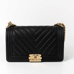 CHANEL Handbag Black 19S Shiny Black Caviar Chevron Boy Bag Medium Champagne Gold Hardware -Knockoff
