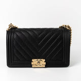 CHANEL Handbag Black 19S Shiny Black Caviar Chevron Boy Bag Medium Champagne Gold Hardware -Knockoff
