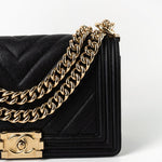 CHANEL Handbag Black 19S Shiny Black Caviar Chevron Boy Bag Medium Champagne Gold Hardware -Knockoff
