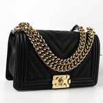 CHANEL Handbag Black 19S Shiny Black Caviar Chevron Boy Bag Medium Champagne Gold Hardware -Knockoff
