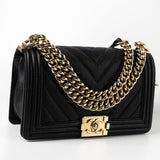 CHANEL Handbag Black 19S Shiny Black Caviar Chevron Boy Bag Medium Champagne Gold Hardware -Knockoff
