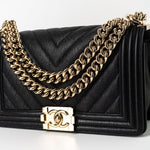 CHANEL Handbag Black 19S Shiny Black Caviar Chevron Boy Bag Medium Champagne Gold Hardware -Knockoff
