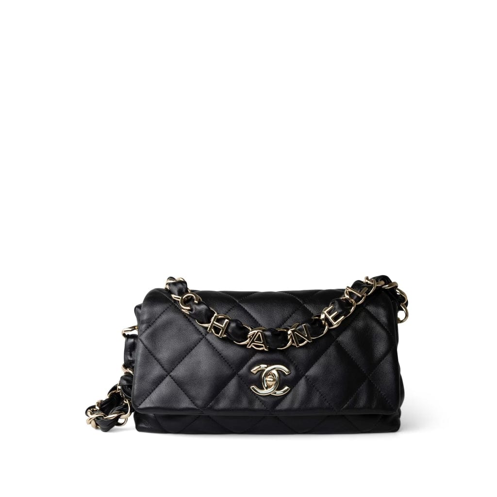 CHANEL Handbag Black 21C Black Lambskin Quilted Chanel Chain Single Flap Shoulder Bag Light Gold Hardware -Knockoff
