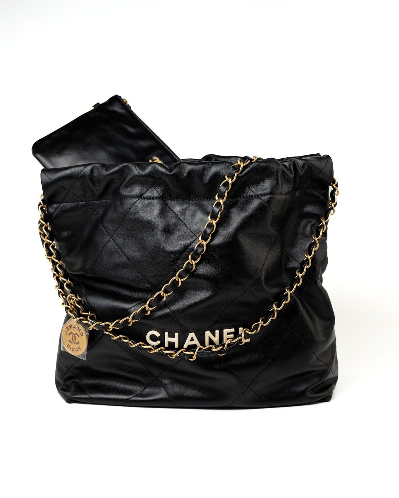 CHANEL Handbag Black 22S Black Calfskin Quilted 22 Drawstring Bag Small Antique Gold Hardware -Knockoff
