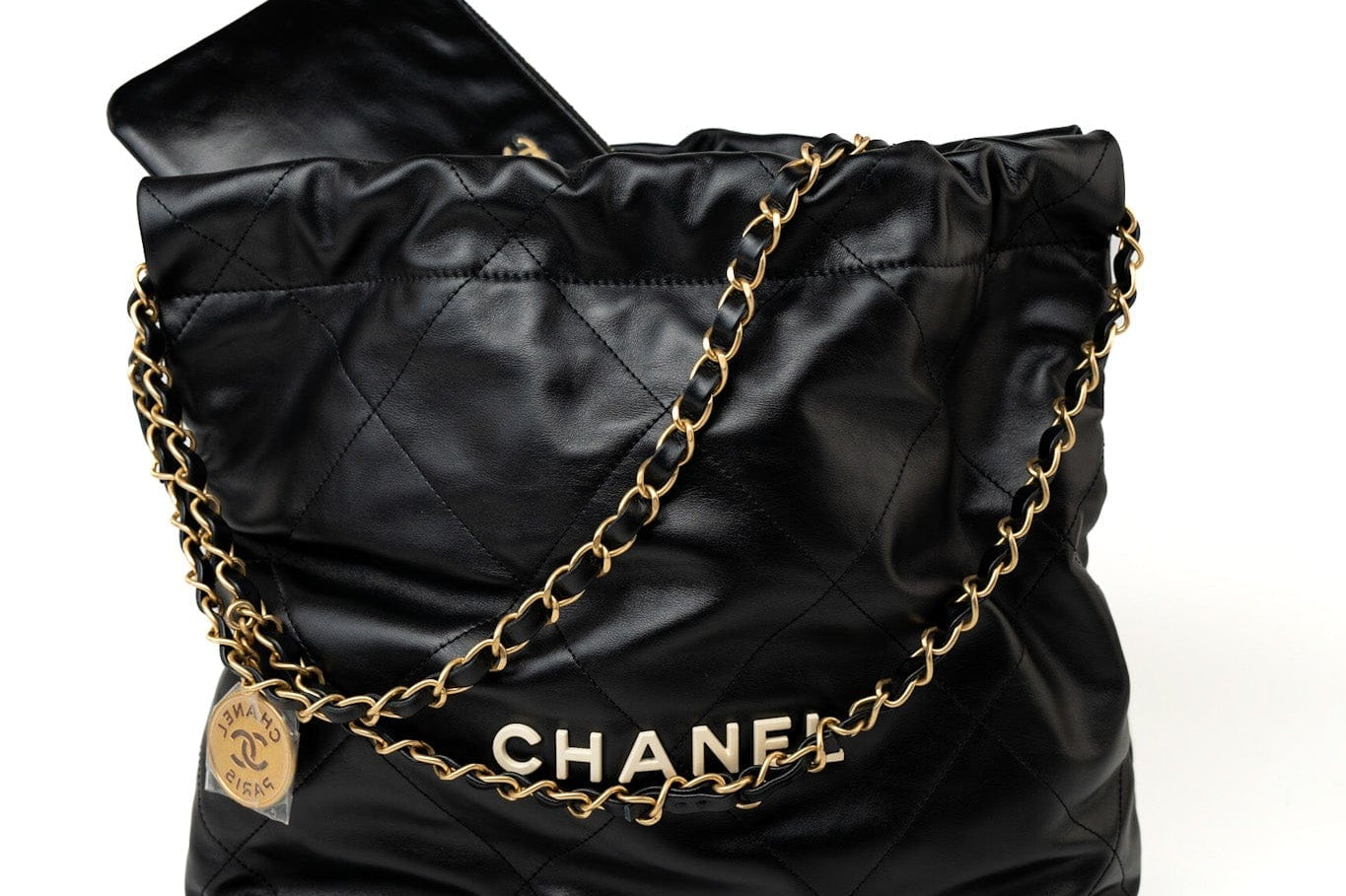 CHANEL Handbag Black 22S Black Calfskin Quilted 22 Drawstring Bag Small Antique Gold Hardware -Knockoff
