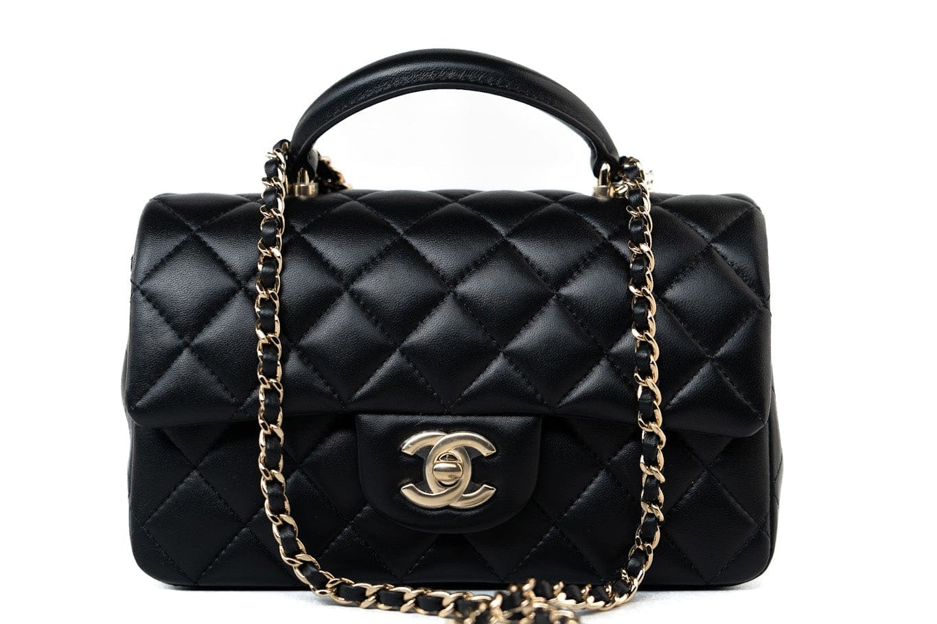 CHANEL Handbag Black 23A Black Lambskin Mini Top Handle Light Gold Hardware -Knockoff
