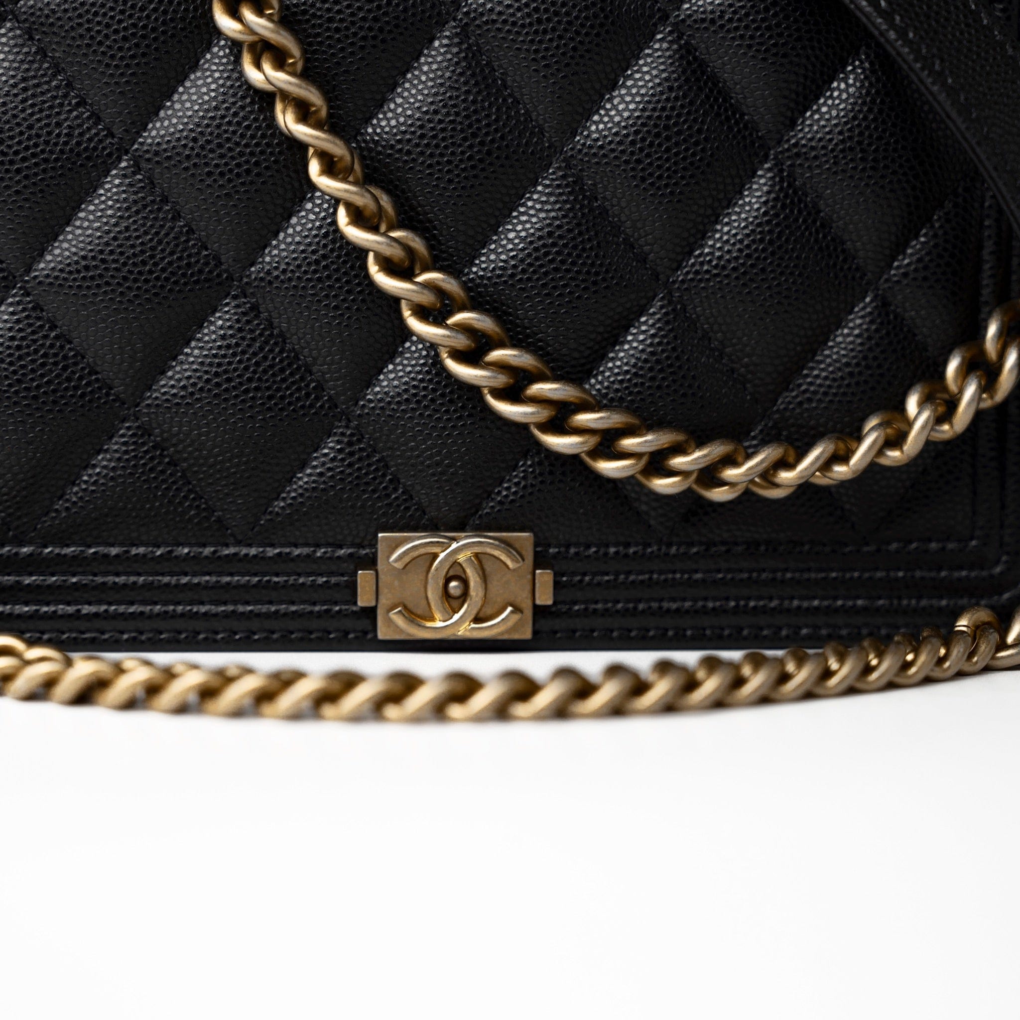 CHANEL Handbag Black Black Caviar Quilted Boy Wallet on Chain (WOC) Antique Gold Hardware -Knockoff
