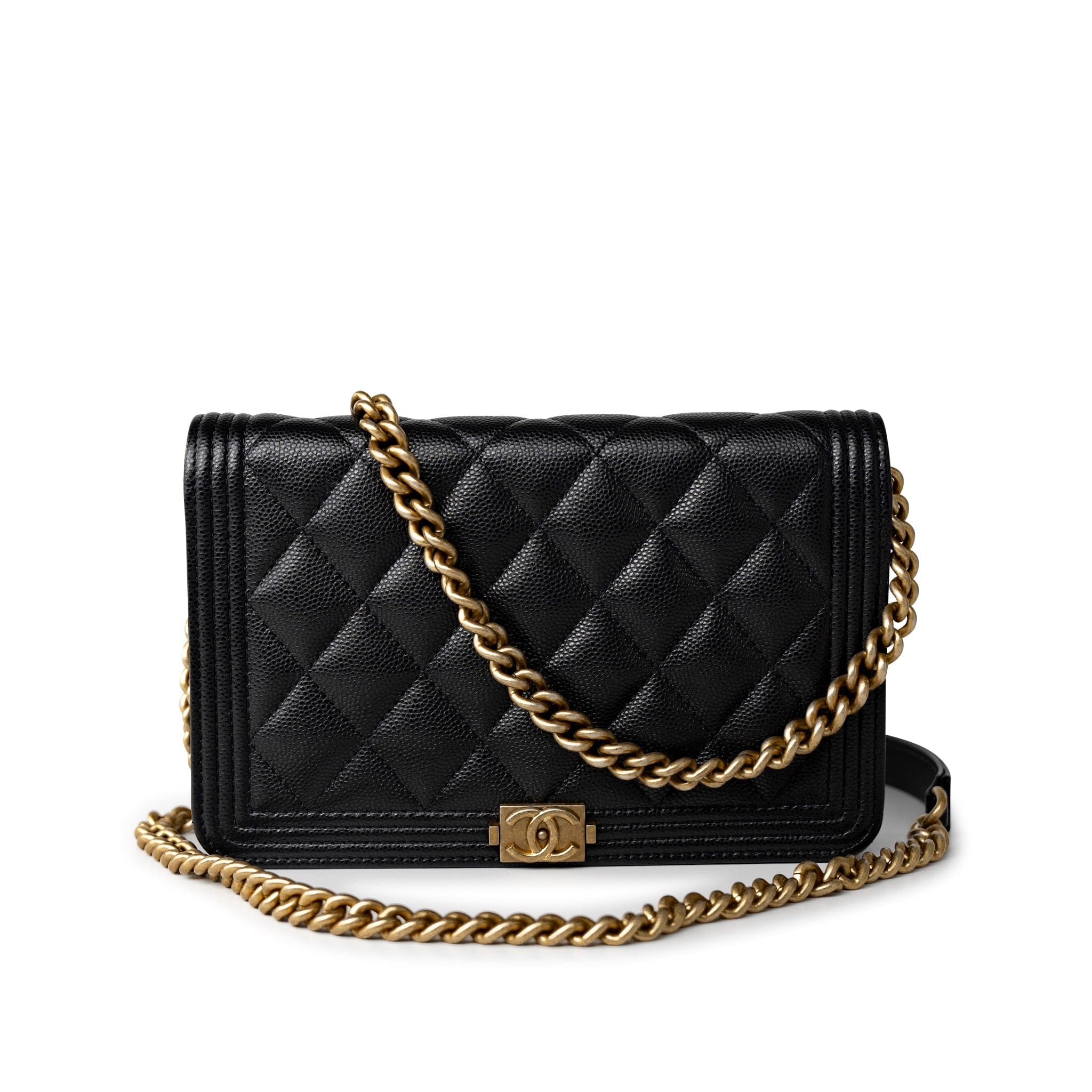 CHANEL Handbag Black Black Caviar Quilted Boy Wallet on Chain (WOC) Antique Gold Hardware -Knockoff
