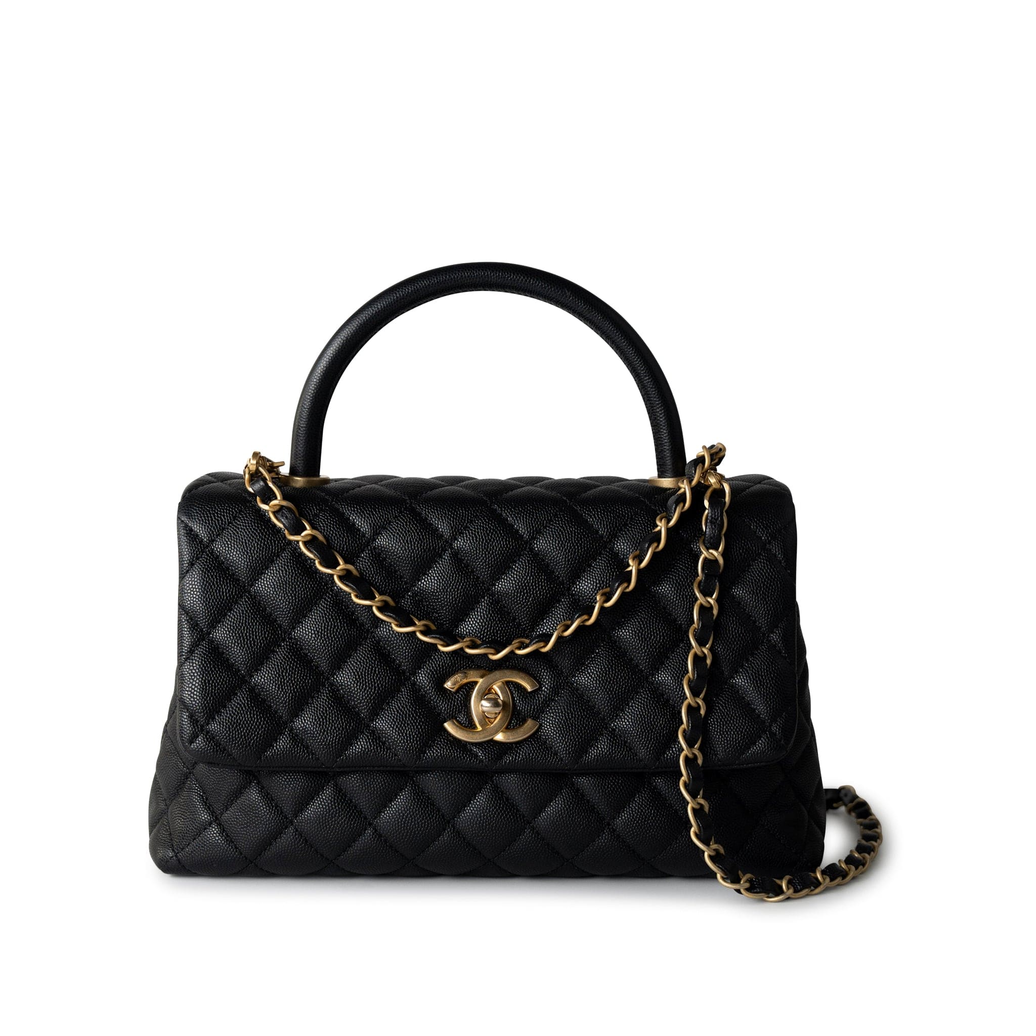 CHANEL Handbag Black Black Caviar Quilted Coco Handle Medium Antique Gold Hardware -Knockoff
