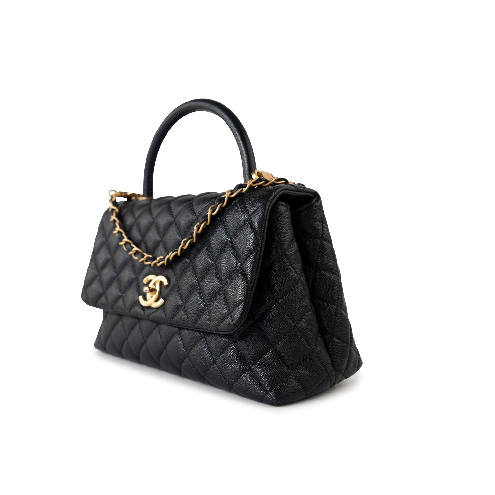 CHANEL Handbag Black Black Caviar Quilted Coco Handle Medium Antique Gold Hardware -Knockoff
