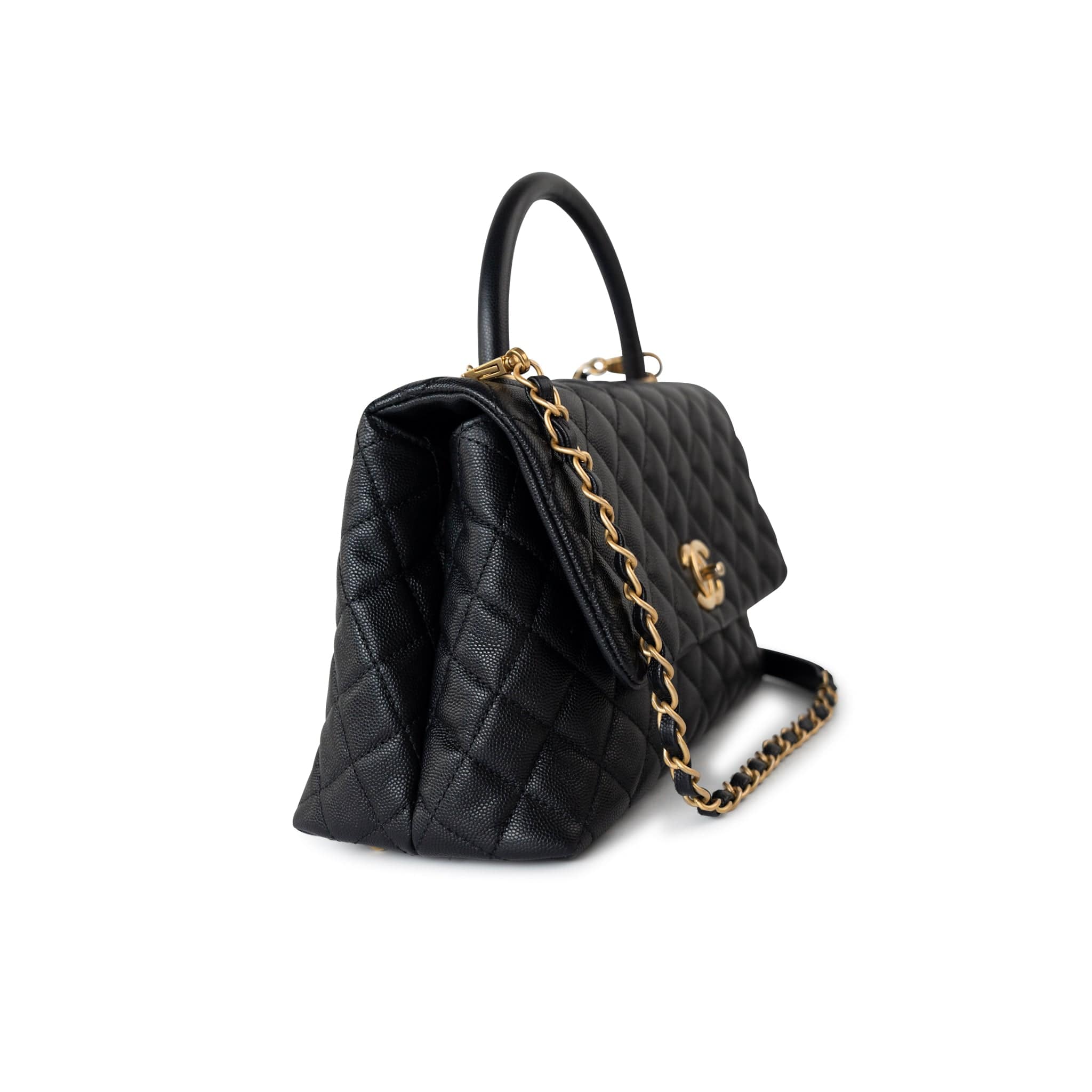 CHANEL Handbag Black Black Caviar Quilted Coco Handle Medium Antique Gold Hardware -Knockoff
