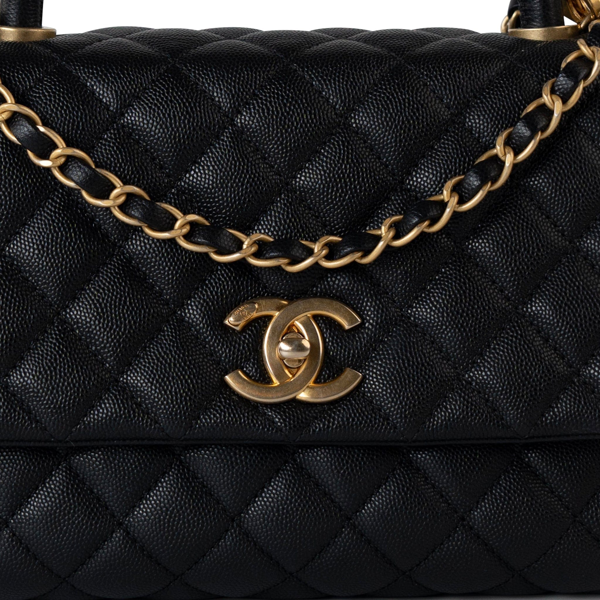 CHANEL Handbag Black Black Caviar Quilted Coco Handle Medium Antique Gold Hardware -Knockoff
