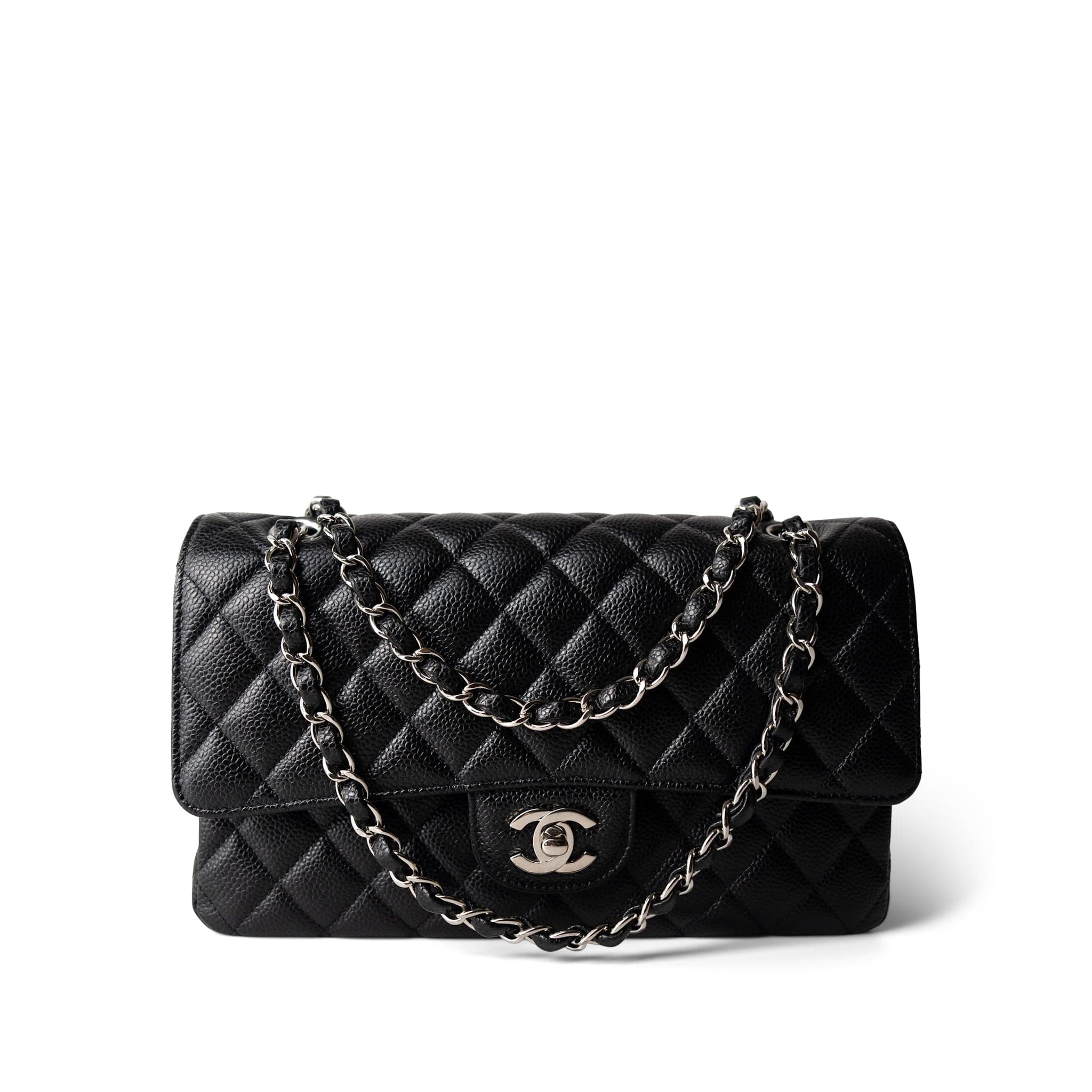 CHANEL Handbag Black Black Caviar Quilted Medium Classic Flap Silver Hardware -Knockoff
