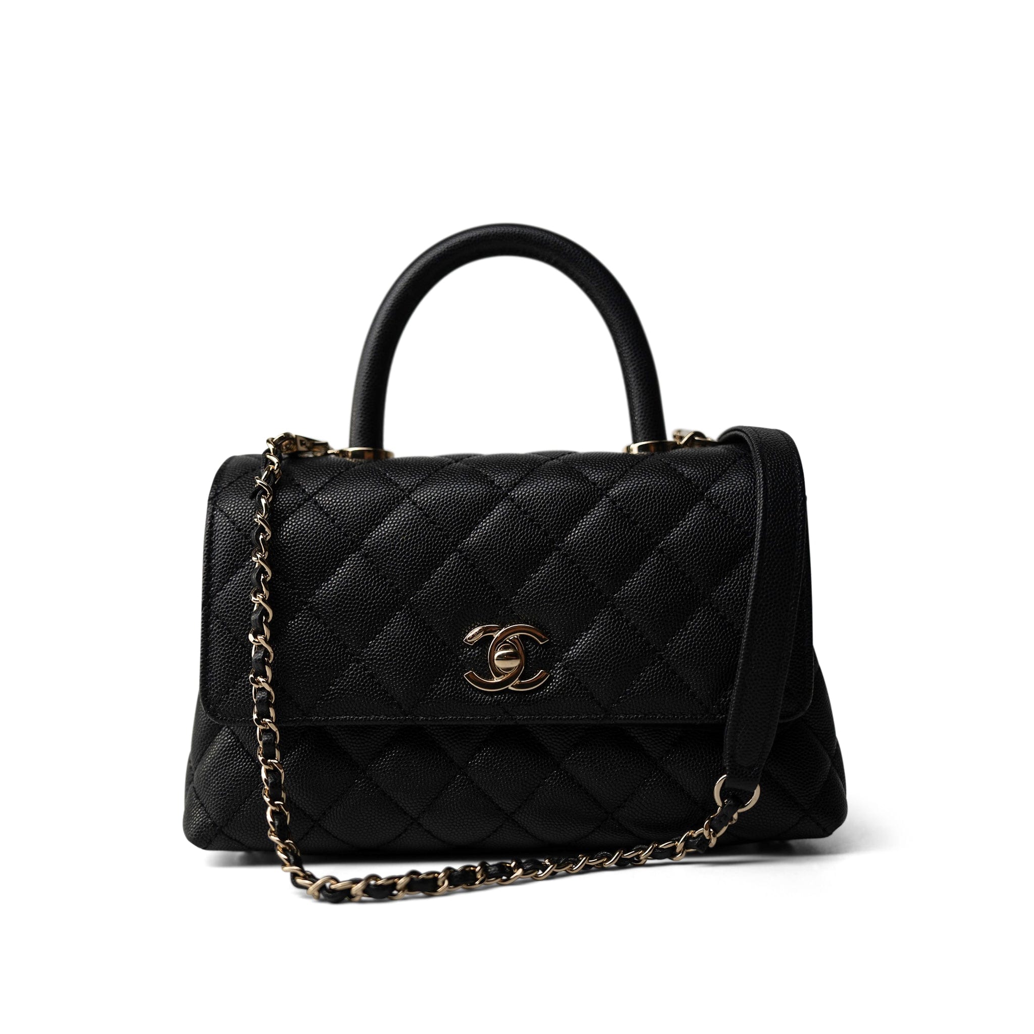 CHANEL Handbag Black Black Caviar Quilted Mini Coco Handle Light Gold Hardware -Knockoff
