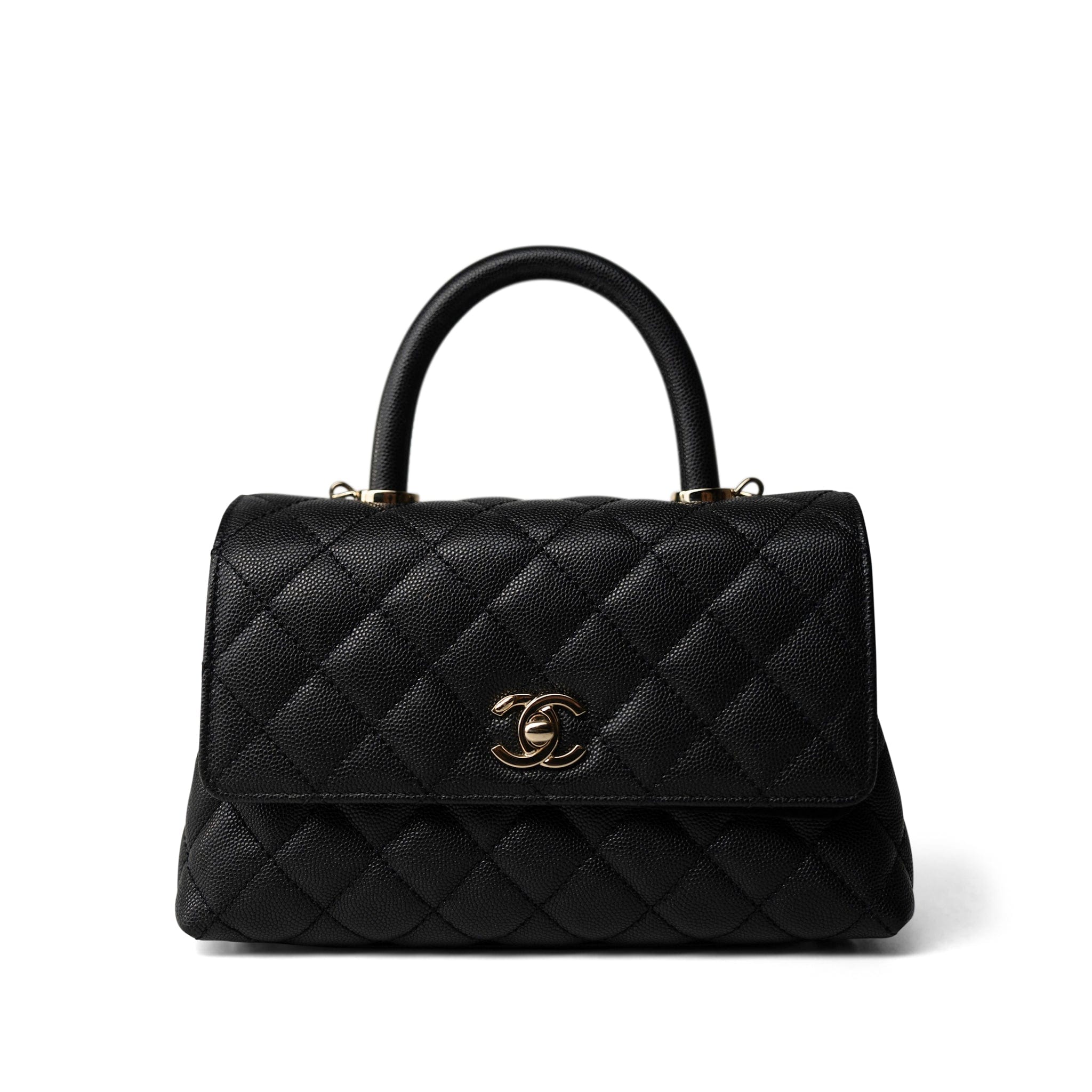 CHANEL Handbag Black Black Caviar Quilted Mini Coco Handle Light Gold Hardware -Knockoff
