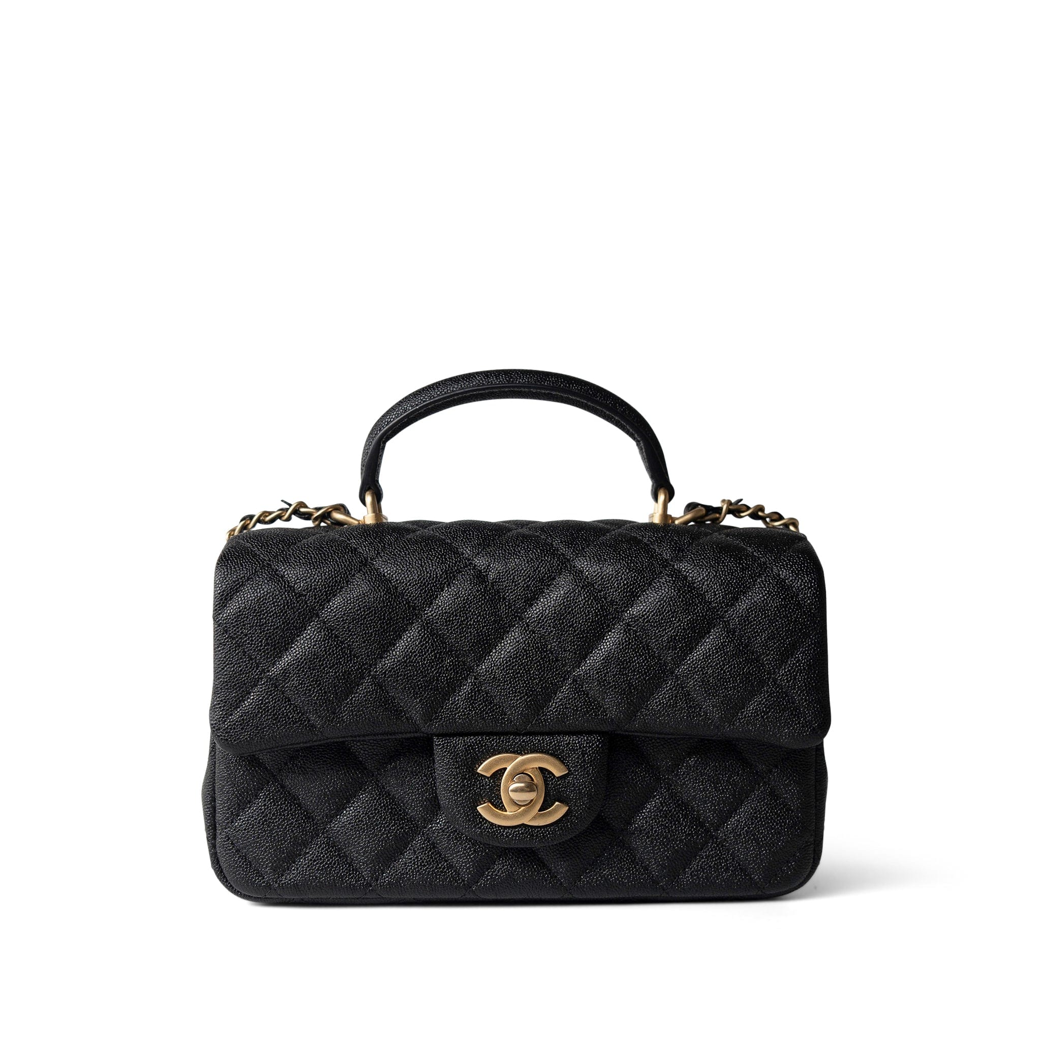 CHANEL Handbag Black Black Caviar Quilted Mini Top Handle Antique Gold Hardware -Knockoff
