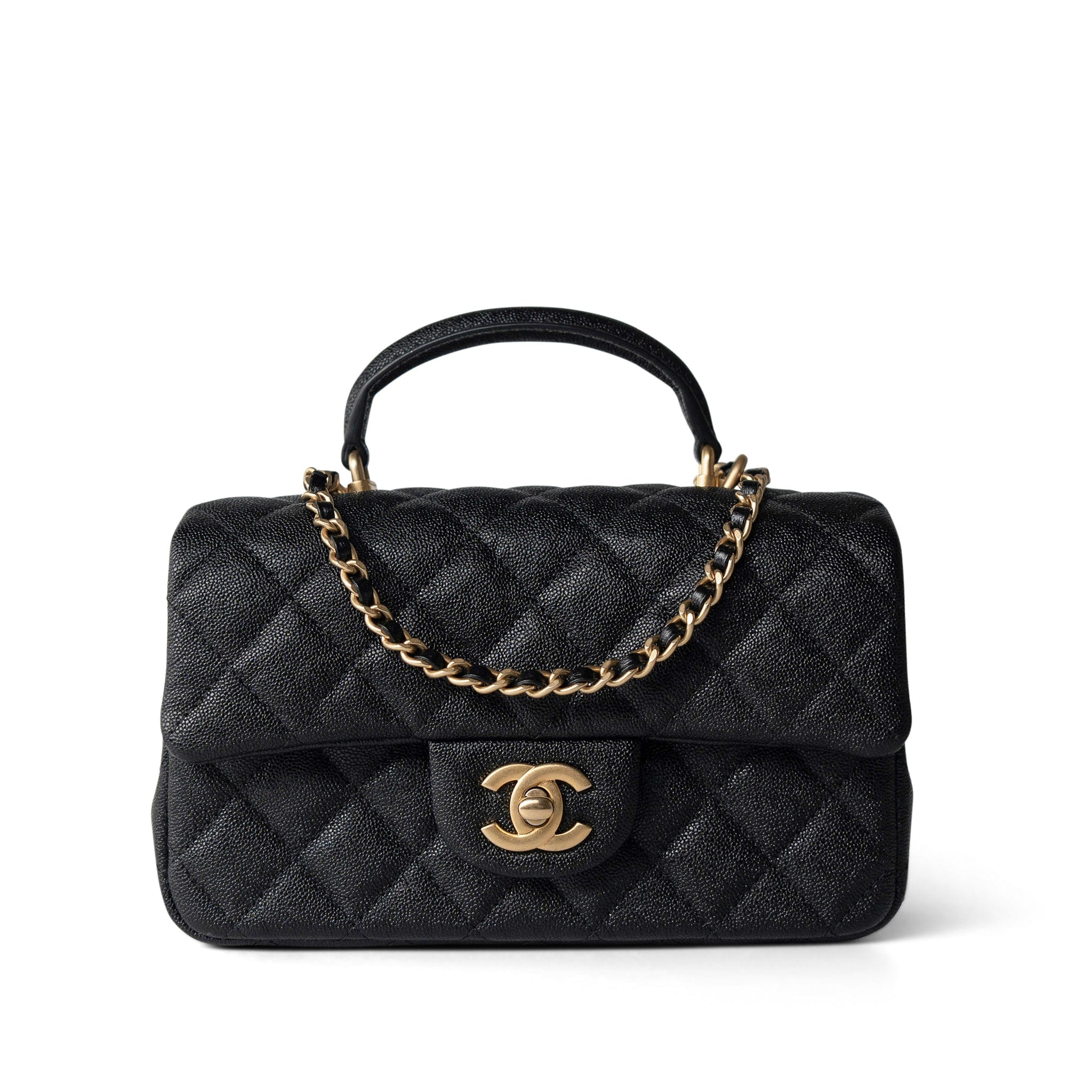 CHANEL Handbag Black Black Caviar Quilted Mini Top Handle Antique Gold Hardware -Knockoff
