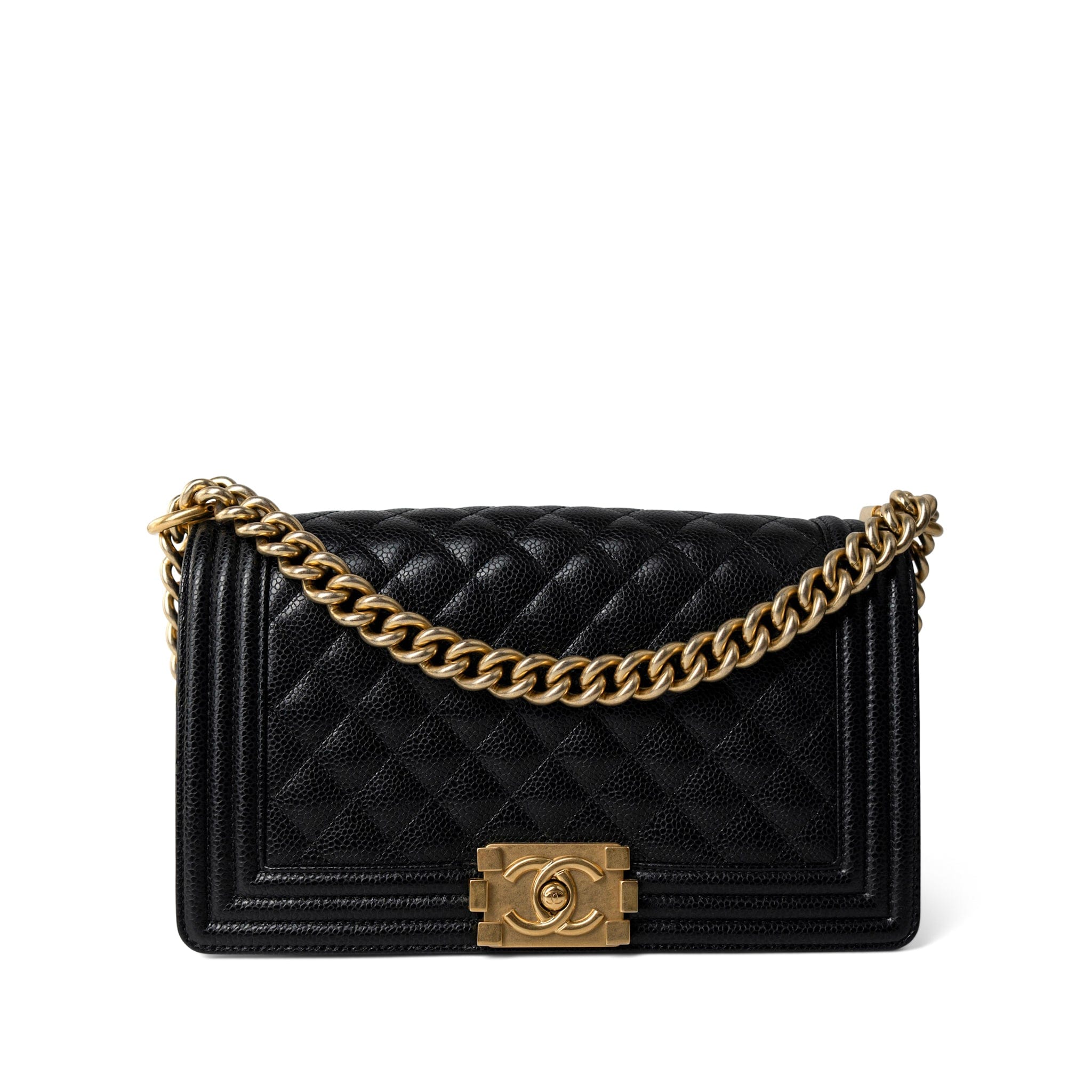 CHANEL Handbag Black Black Caviar Quilted Old Medium Boy Bag Aged Gold Hardware -Knockoff
