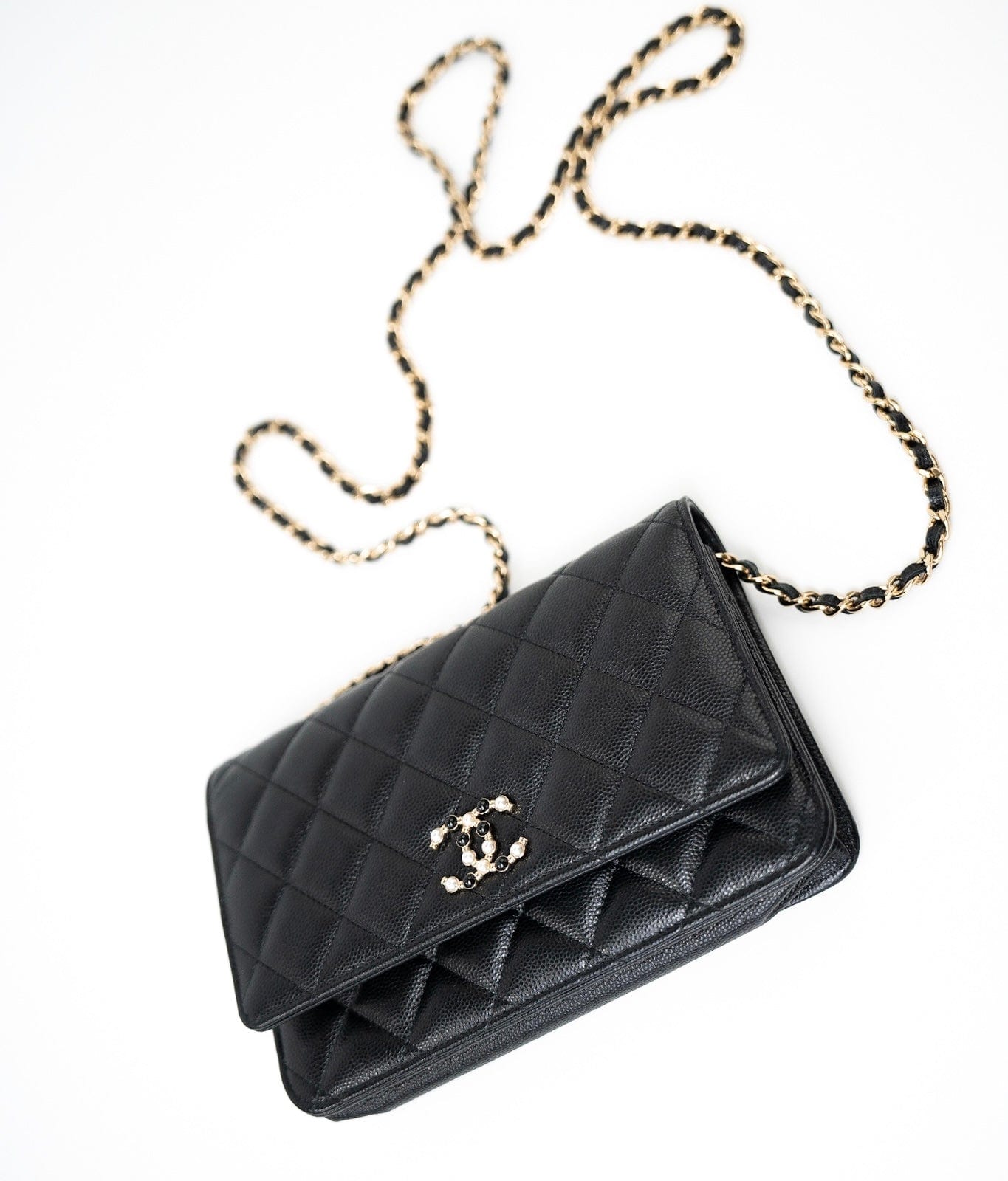 CHANEL Handbag Black Black Caviar Quilted Wallet On Chain Pearly CC Light Gold Hardware (woc -Knockoff
