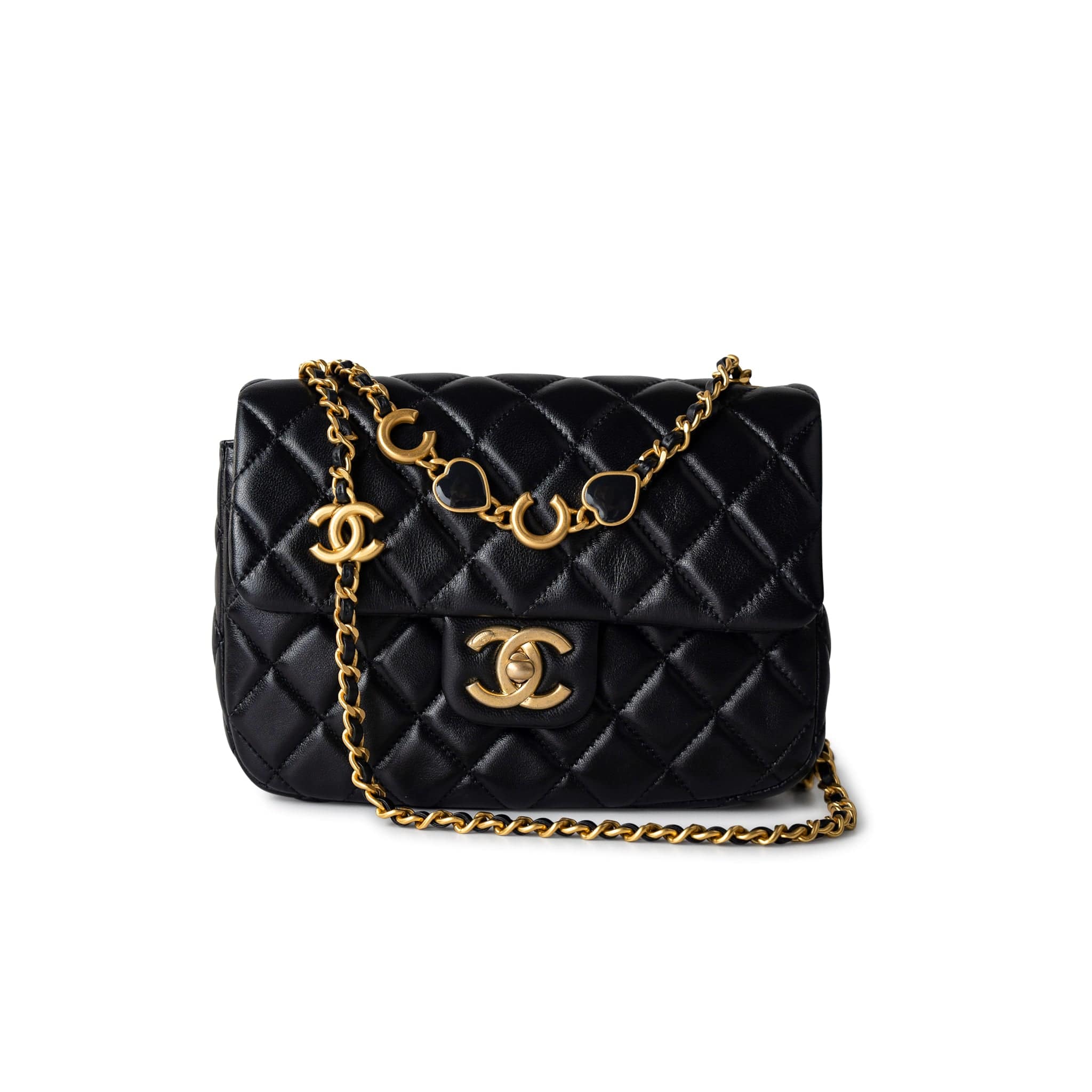 CHANEL Handbag Black Black Coco De Toi Heart Chain Small Square Flap Bag Antique Gold Hardware -Knockoff
