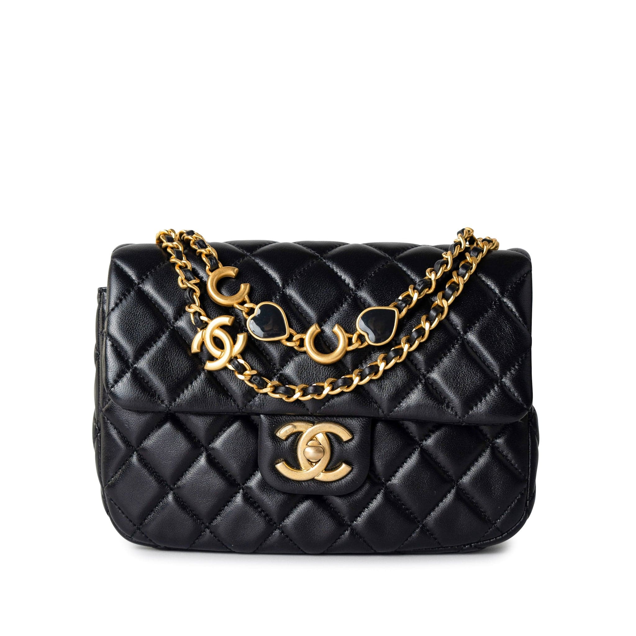 CHANEL Handbag Black Black Coco De Toi Heart Chain Small Square Flap Bag Antique Gold Hardware -Knockoff
