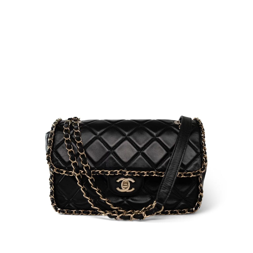 CHANEL Handbag Black Black Crumpled Calfskin Medium Chain Around Flap Bag Light Gold Hardware -Knockoff
