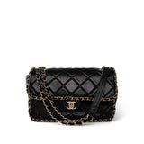 CHANEL Handbag Black Black Crumpled Calfskin Medium Chain Around Flap Bag Light Gold Hardware -Knockoff
