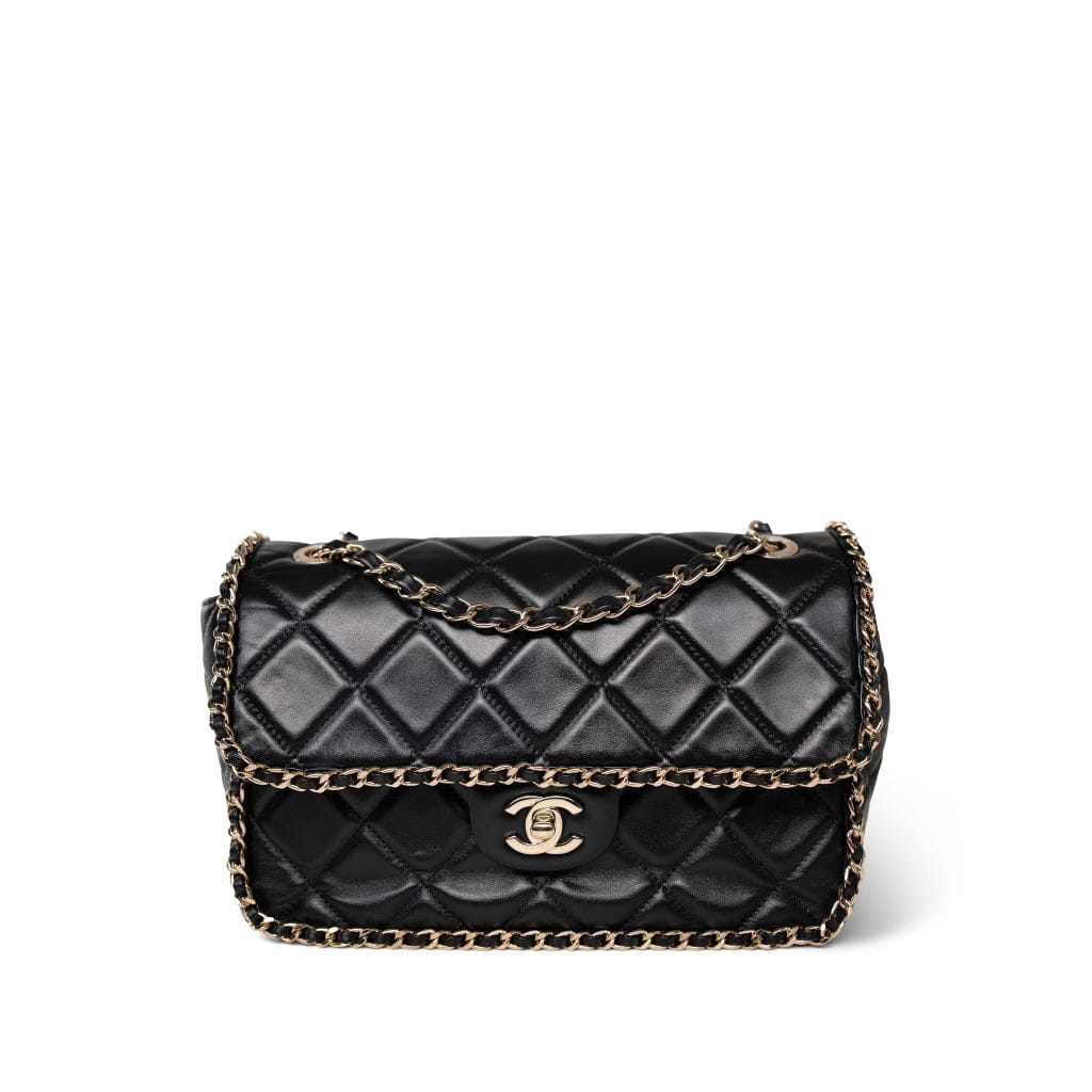 CHANEL Handbag Black Black Crumpled Calfskin Medium Chain Around Flap Bag Light Gold Hardware -Knockoff
