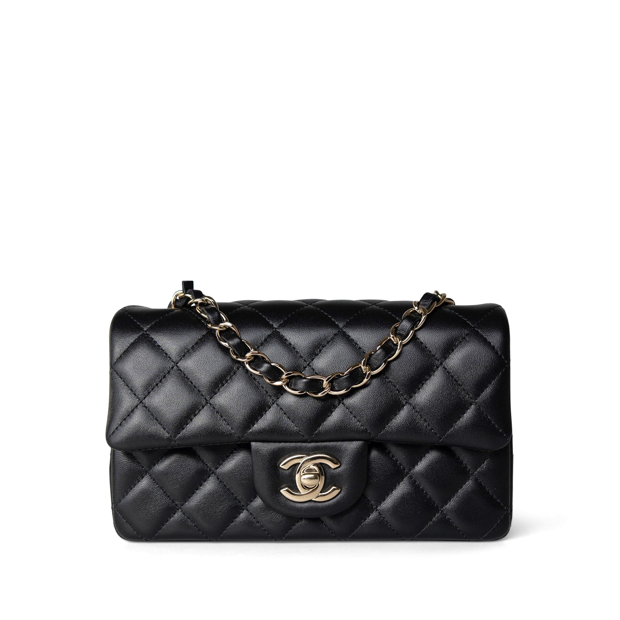 CHANEL Handbag Black Black Lambskin Quilted Mini Rectangular Flap Light Gold Hardware -Knockoff
