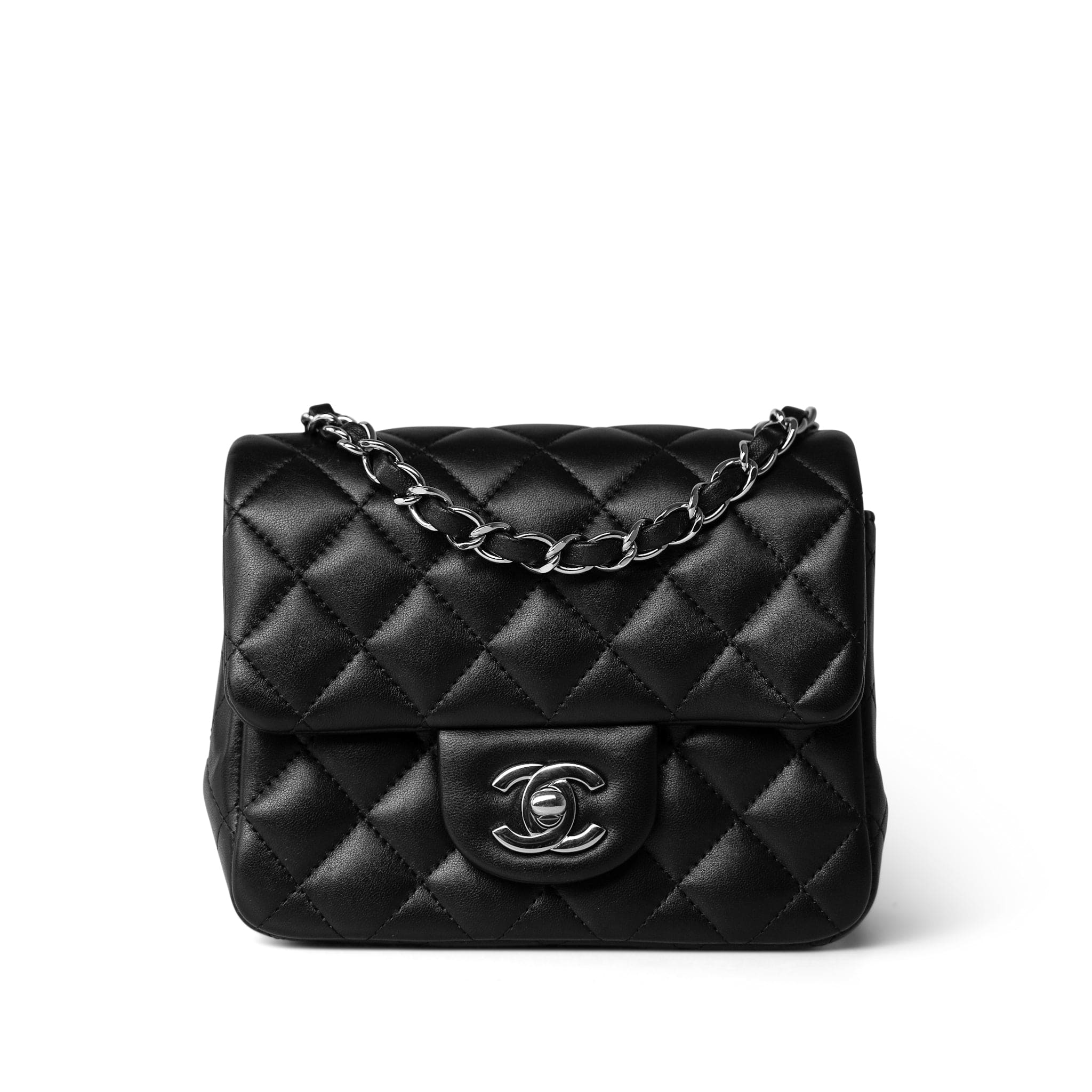 CHANEL Handbag Black Black Lambskin Quilted Mini Square Flap Silver Hardware -Knockoff
