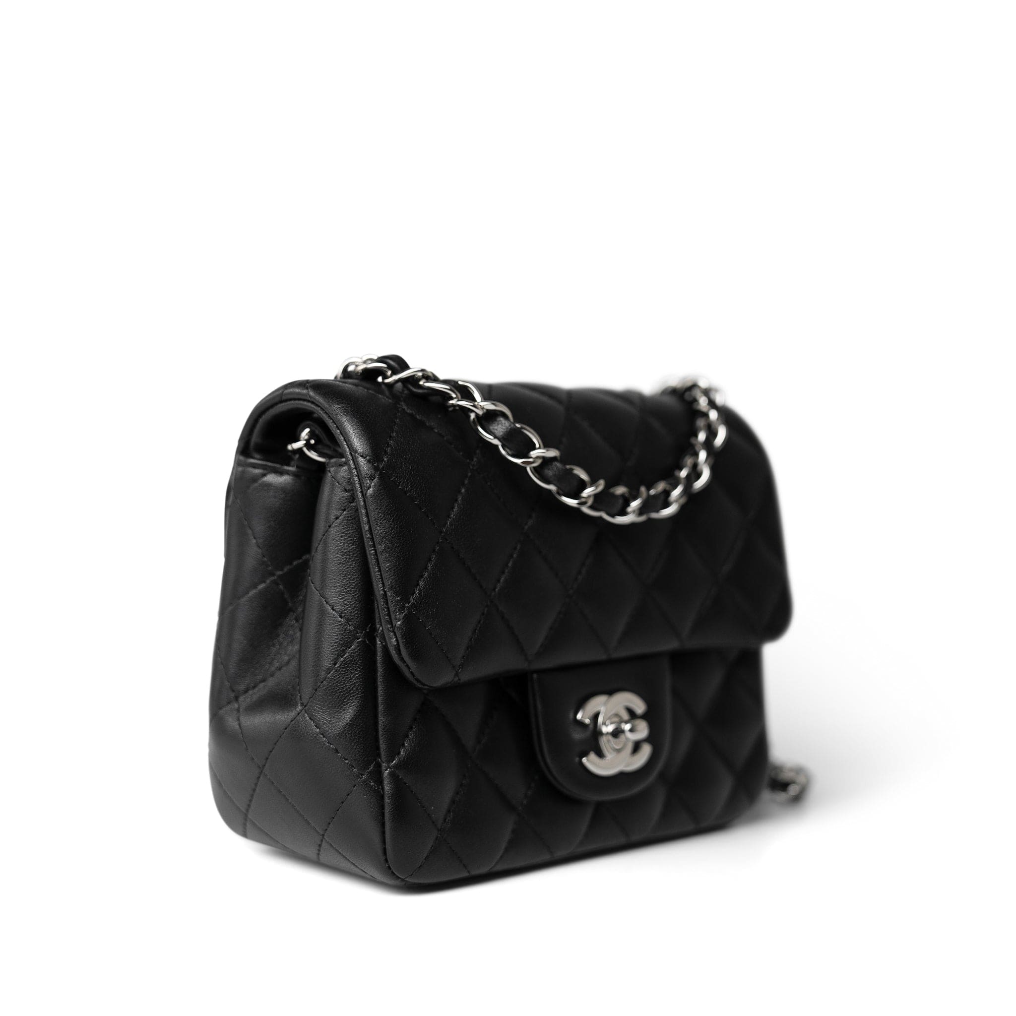 CHANEL Handbag Black Black Lambskin Quilted Mini Square Flap Silver Hardware -Knockoff
