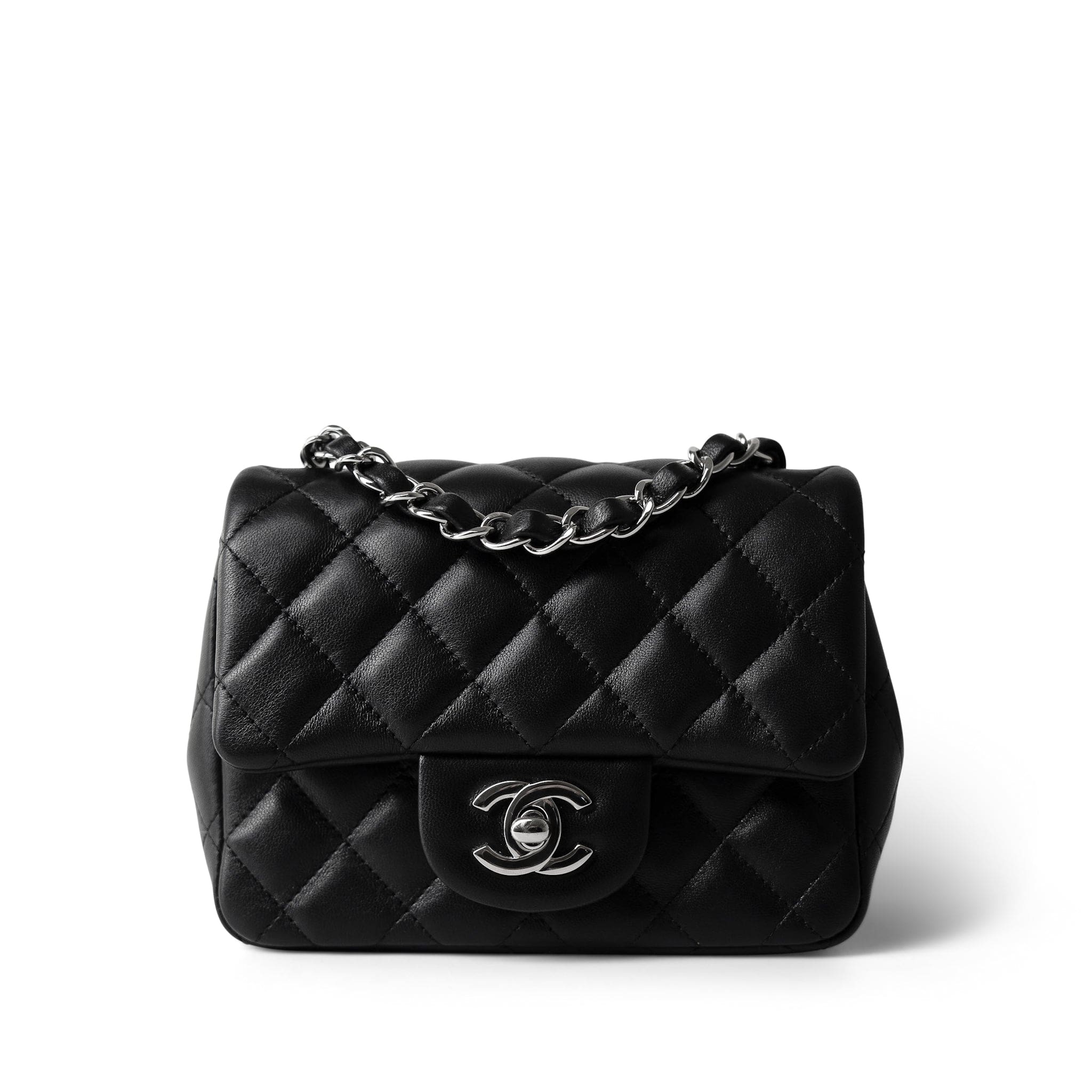 CHANEL Handbag Black Black Lambskin Quilted Mini Square Flap Silver Hardware -Knockoff
