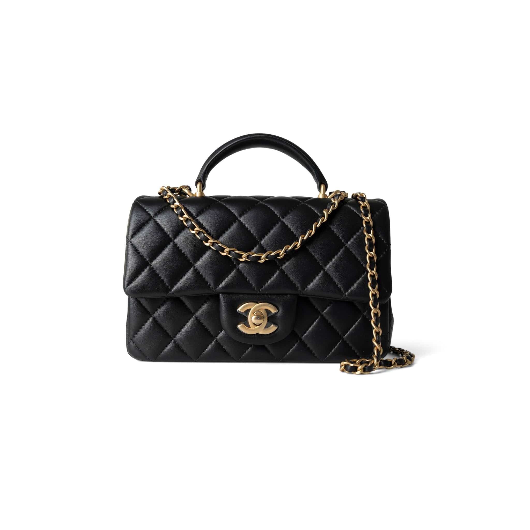 CHANEL Handbag Black Black Lambskin Quilted Mini Top Handle Antique Gold Hardware -Knockoff
