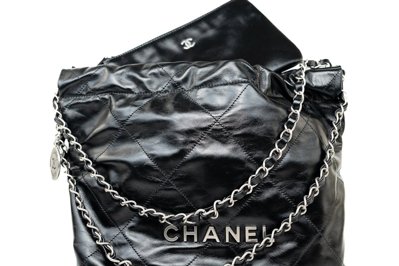 CHANEL Handbag Black Calfskin Quilted 22 Bag Small Aged Silver Hardware -Knockoff
