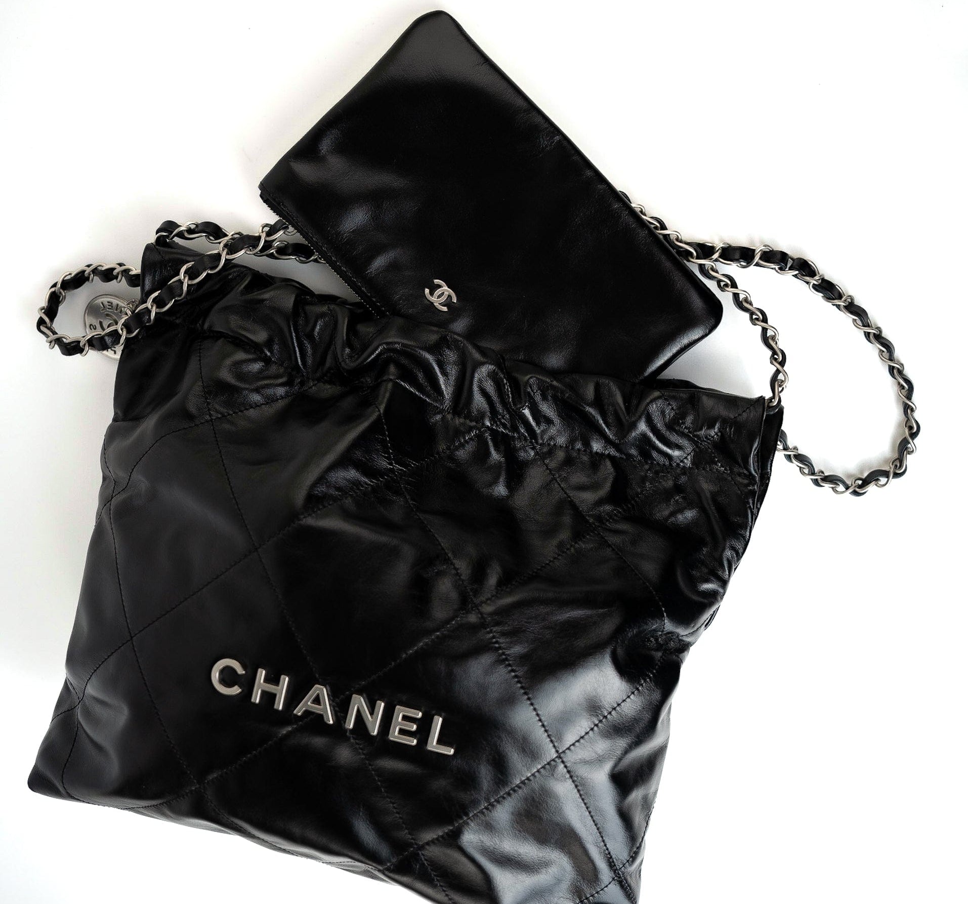 CHANEL Handbag Black Calfskin Quilted 22 Bag Small Aged Silver Hardware -Knockoff
