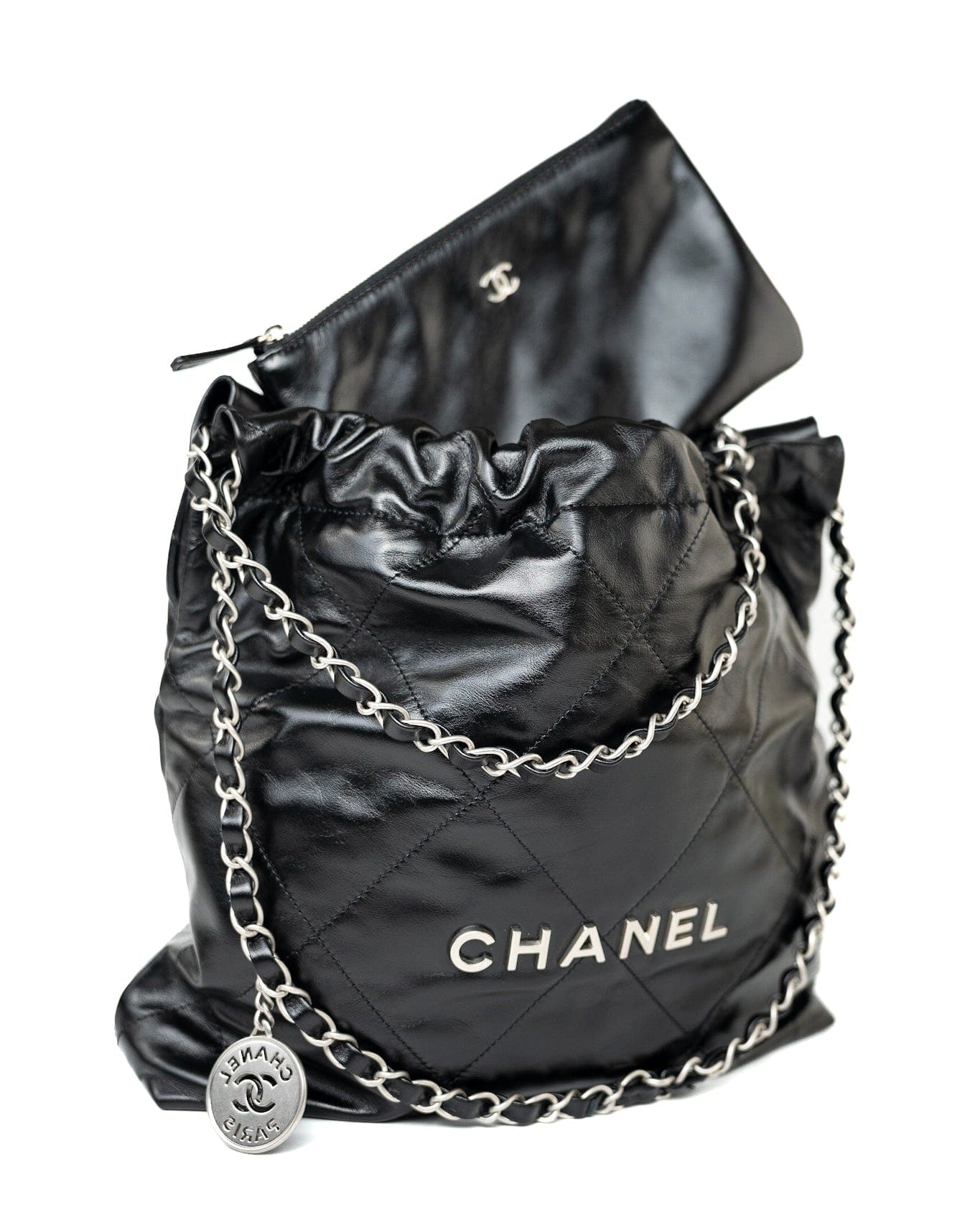 CHANEL Handbag Black Calfskin Quilted 22 Bag Small Aged Silver Hardware -Knockoff
