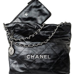 CHANEL Handbag Black Calfskin Quilted Drawstring 22 Bag Small Antique Silver Hardware -Knockoff
